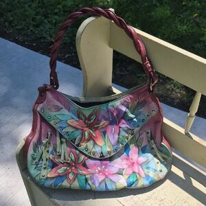 Anuschka Pink and Green Shoulder Bag with Tropical Floral Design